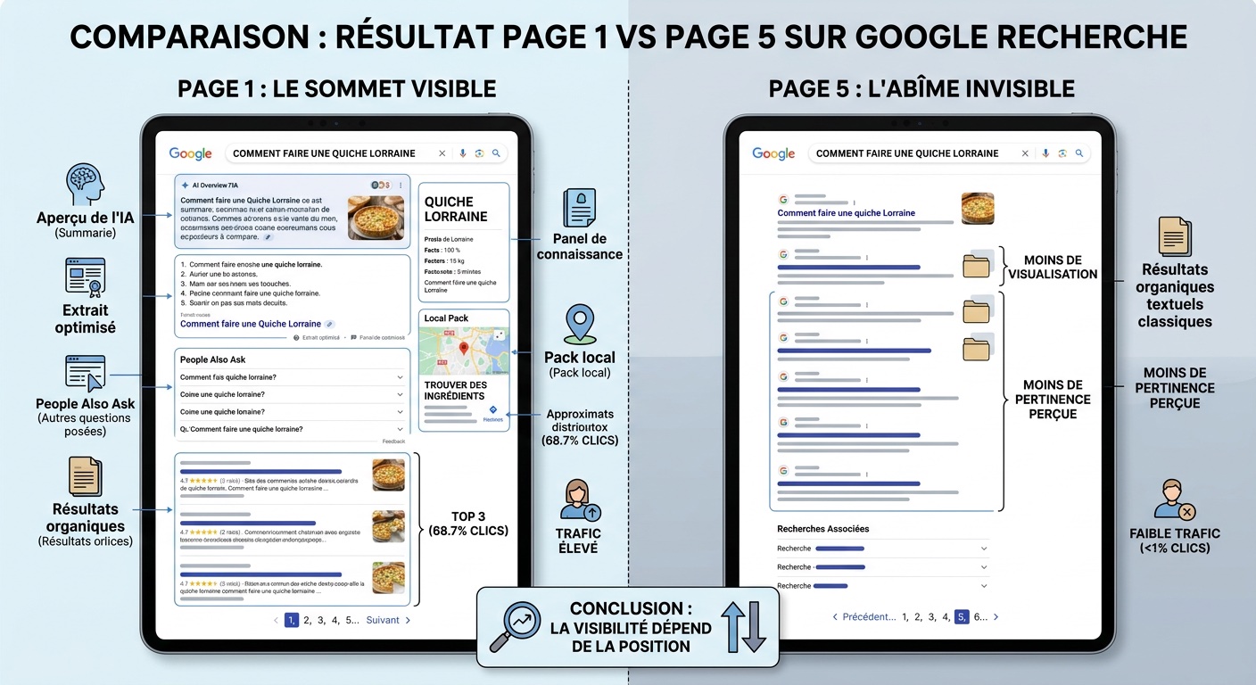 Comparaison résultat page 1 vs page 5 sur Google recherche